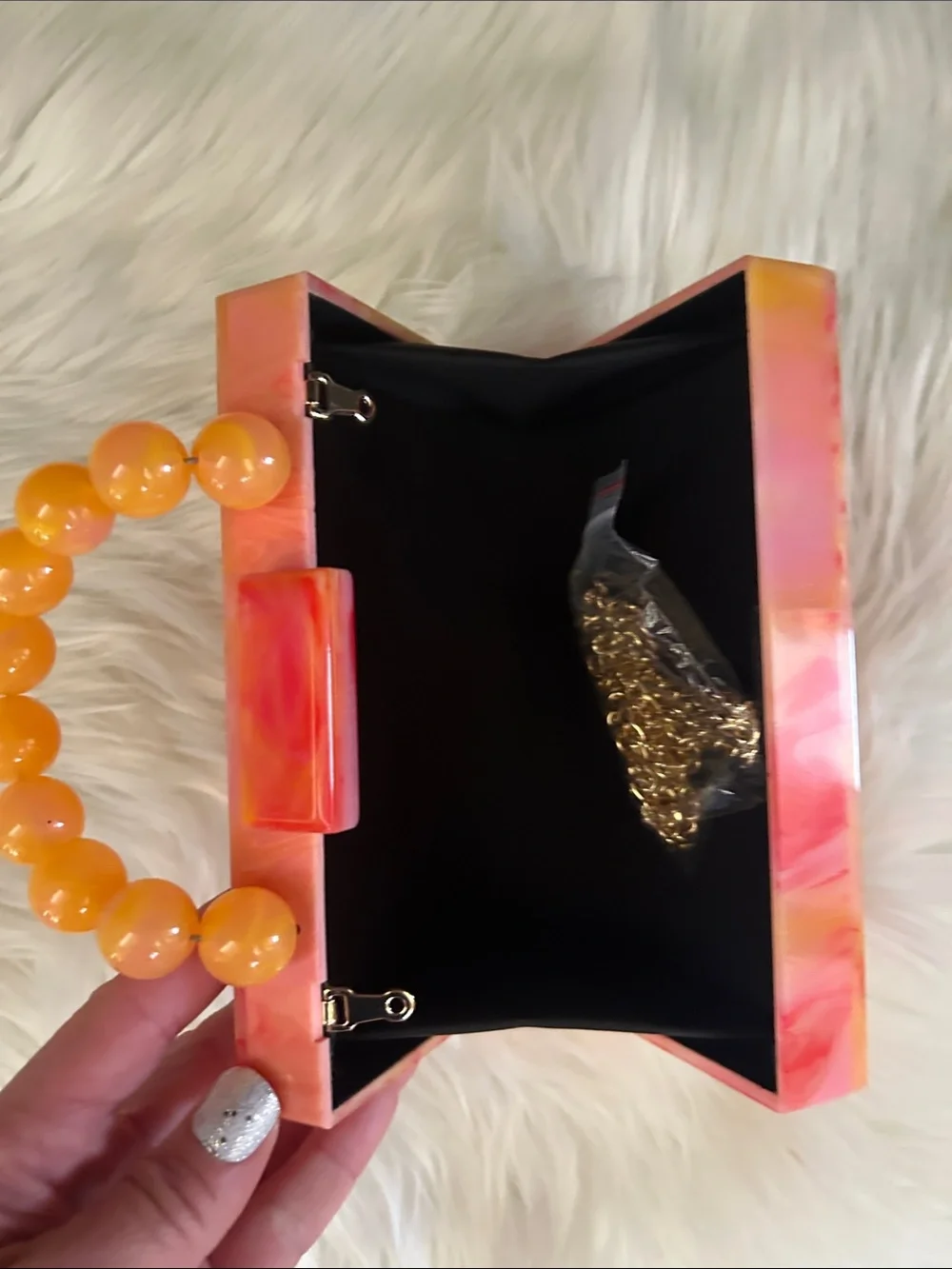 NWT Marbled Orange-Pink Acrylic Top-Handle Clutch w/ chain